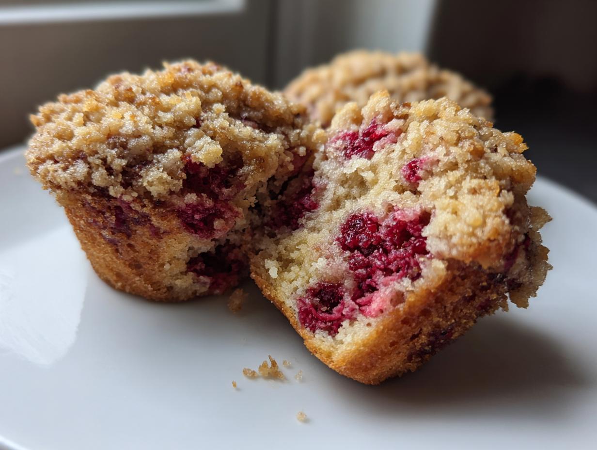 Close-up of a moist raspberry muffin cut in half, showing bright red raspberries and a crunchy streusel topping.