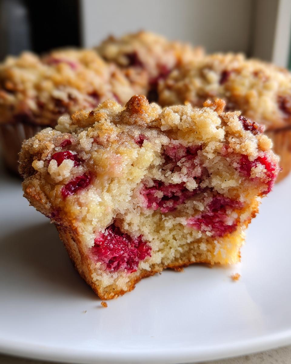 Close-up cross-section of a moist raspberry muffin showing bright red fruit and crumb topping.