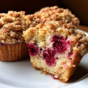 Close-up of a moist raspberry muffin cut in half showing bright red raspberries inside and a golden streusel topping.