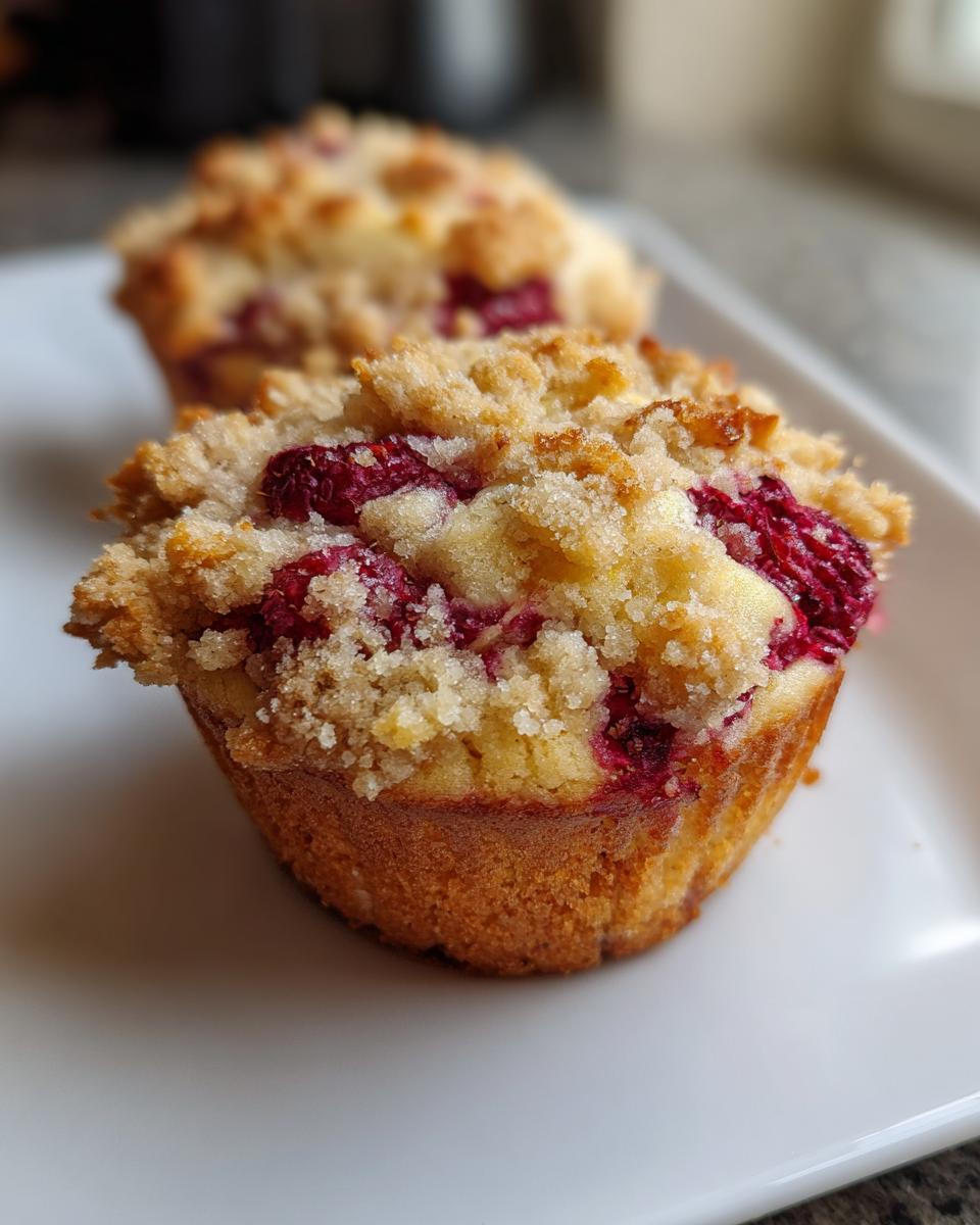 Close-up of a moist raspberry muffin topped with golden streusel crumb topping, showcasing bright red raspberries.