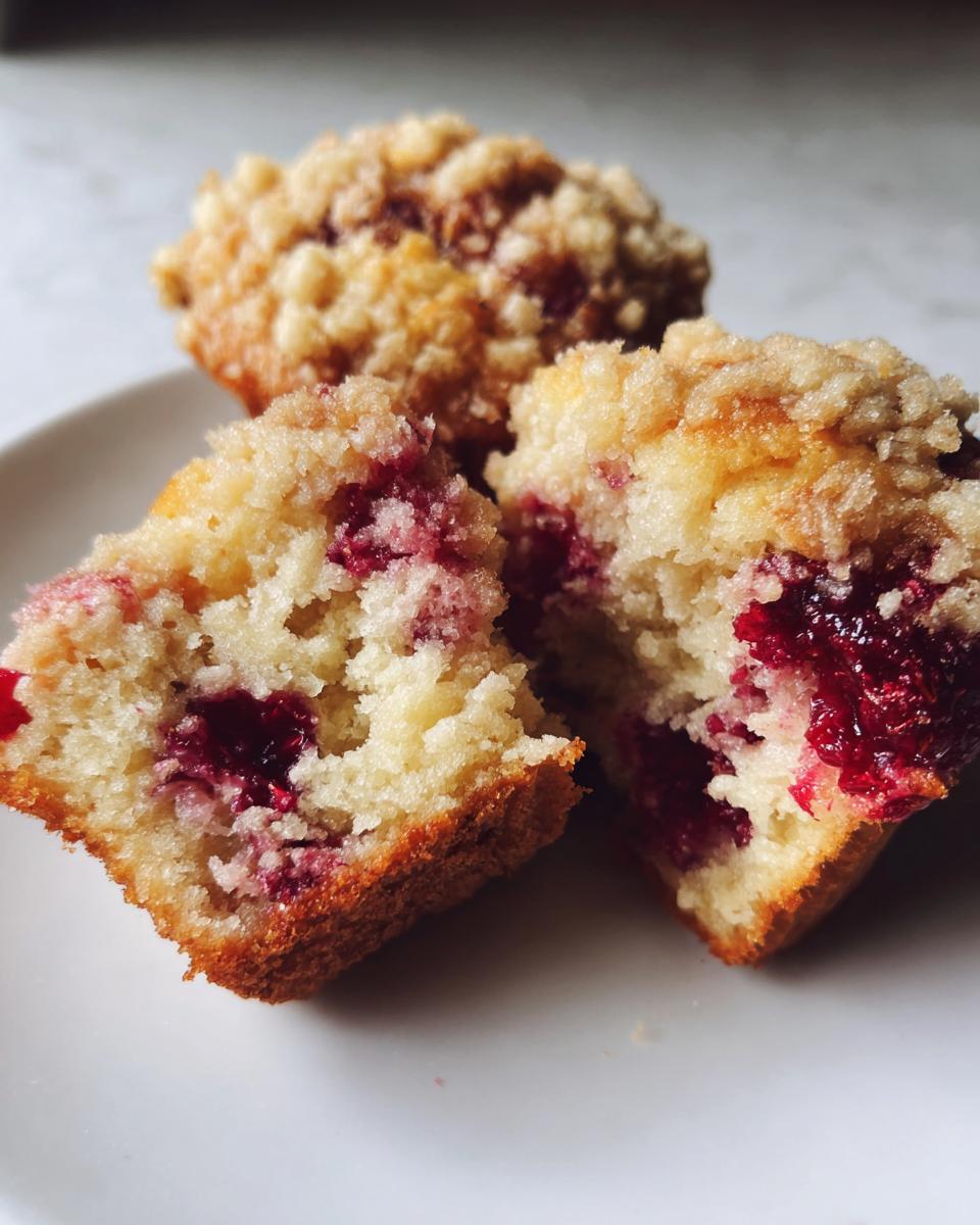Close-up of moist raspberry muffins, one cut in half showing bright red raspberries inside the crumbly cake.