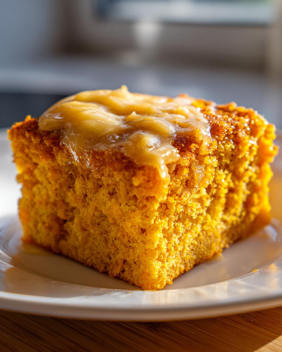 A close-up of a square slice of bright orange sweet potato cornbread topped with a melted honey butter glaze.