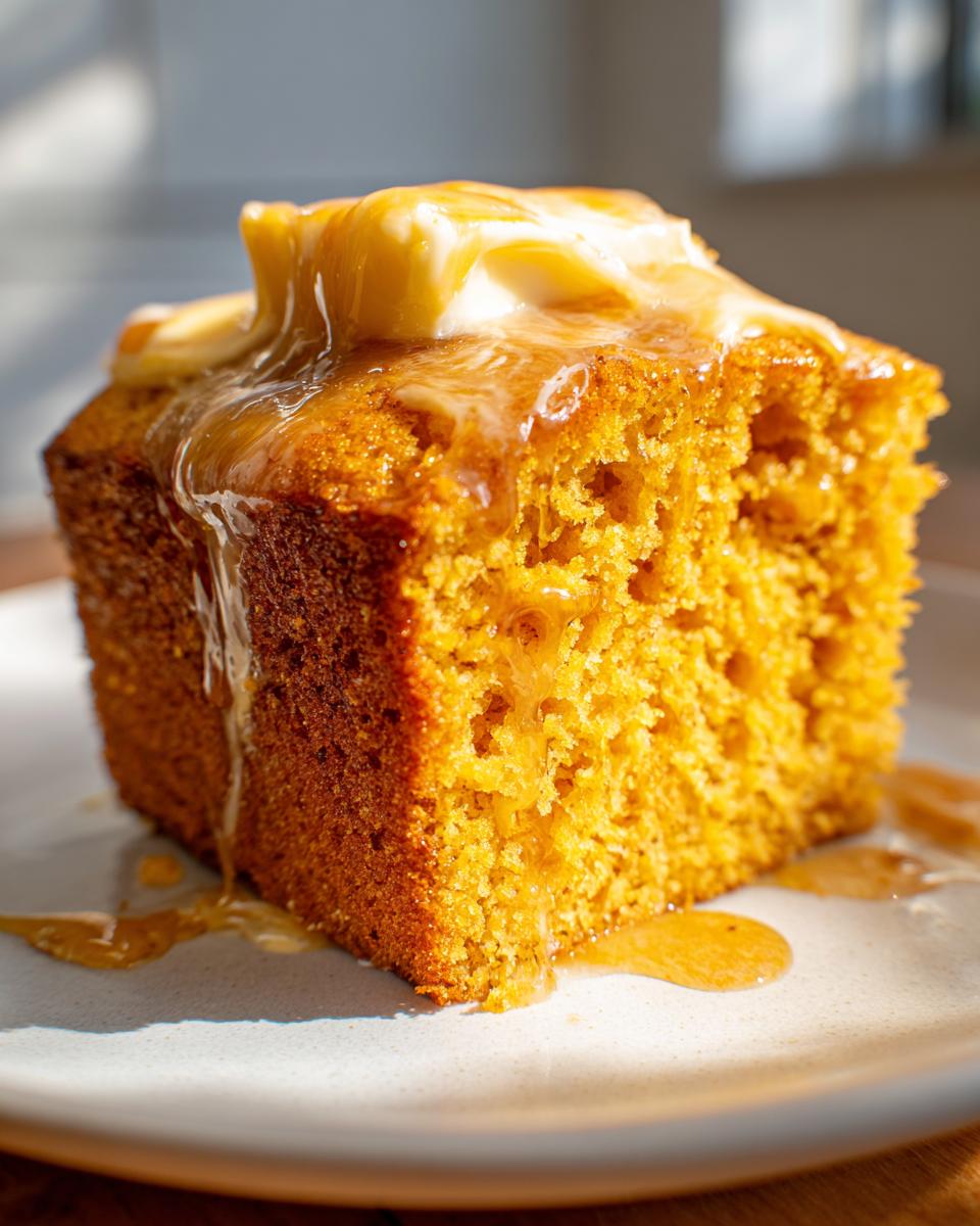 Close-up of a square slice of moist, orange sweet potato cornbread topped with melting butter and drizzled with syrup.
