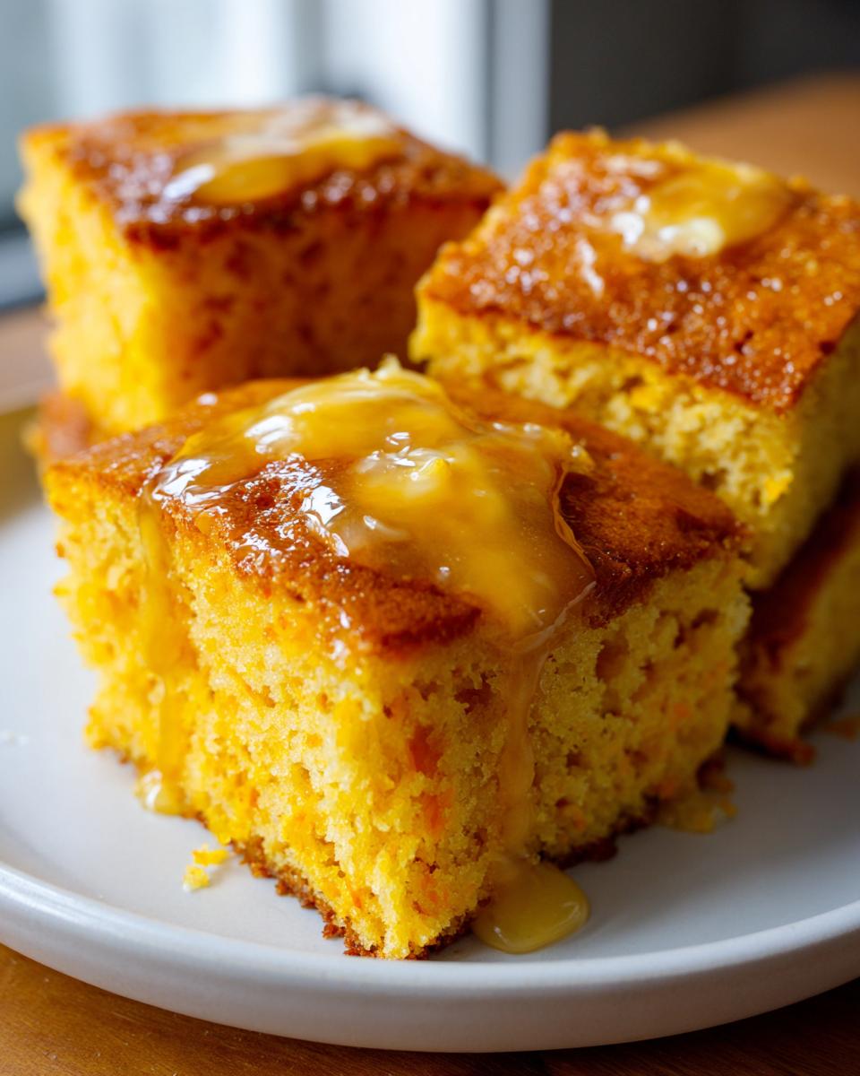 Close-up of three squares of moist sweet potato cornbread topped with melting honey or butter glaze.