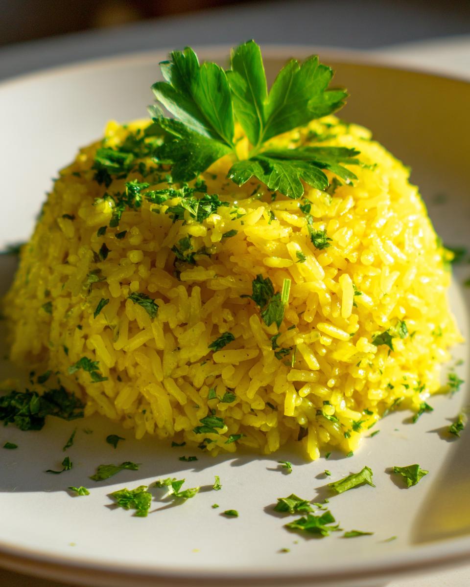 A perfectly molded serving of bright yellow mediterranean rice garnished with fresh chopped parsley.