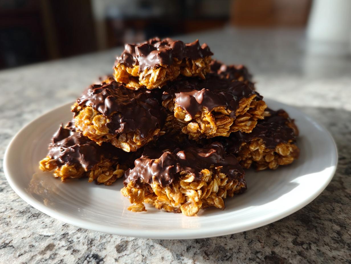 A stack of golden brown no bake cookies topped generously with melted chocolate on a white plate.