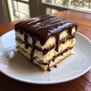 A square slice of layered no bake eclair cake topped with dripping chocolate ganache on a white plate.