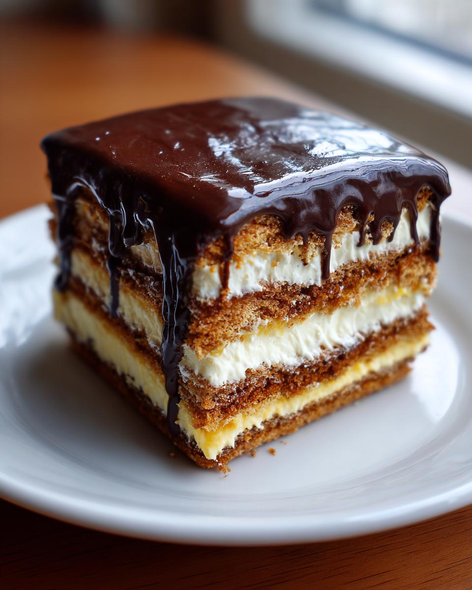 Close-up of a square slice of no bake eclair cake showing three layers of graham crackers, cream filling, and chocolate ganache topping.