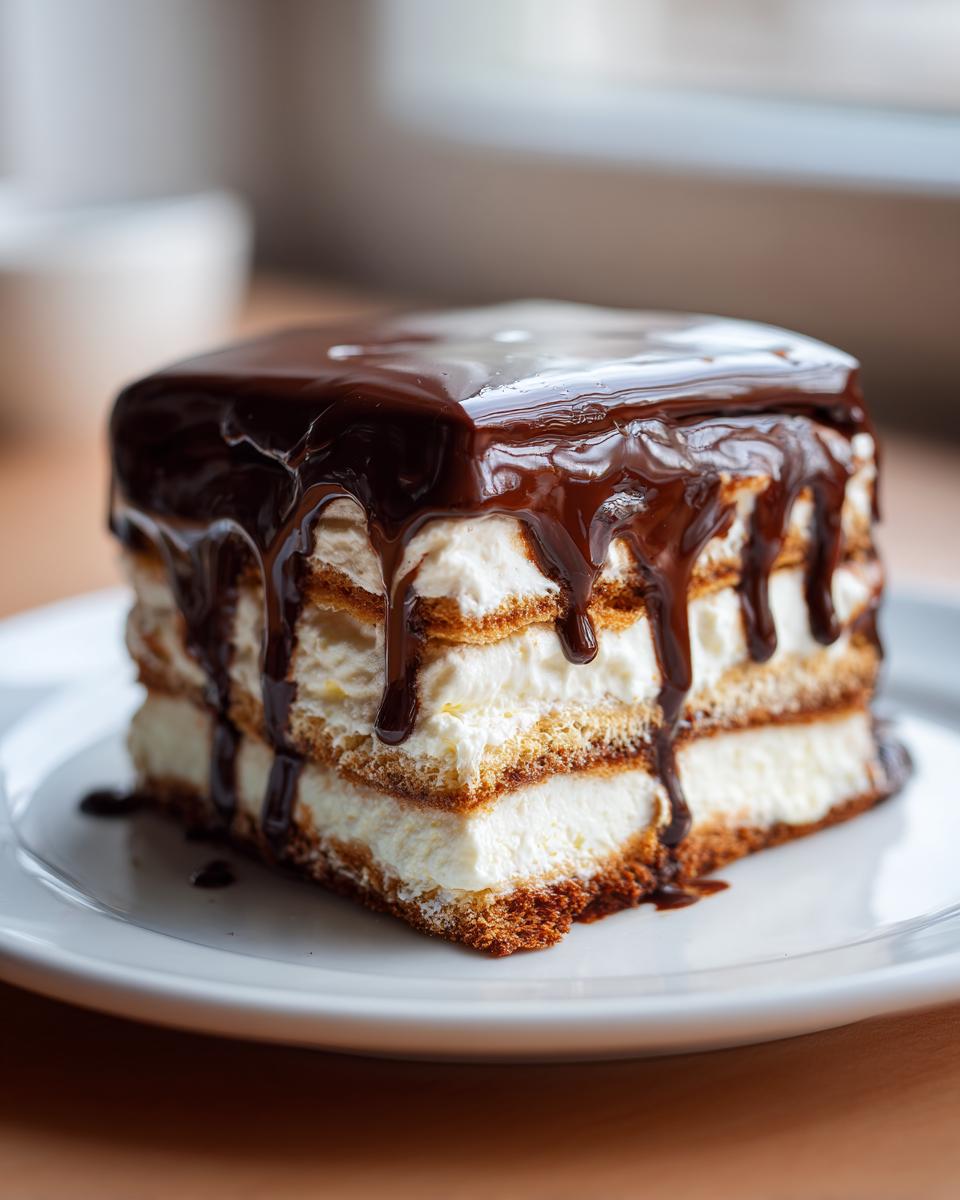 A square slice of layered no bake eclair cake featuring graham crackers, cream filling, and rich chocolate glaze.