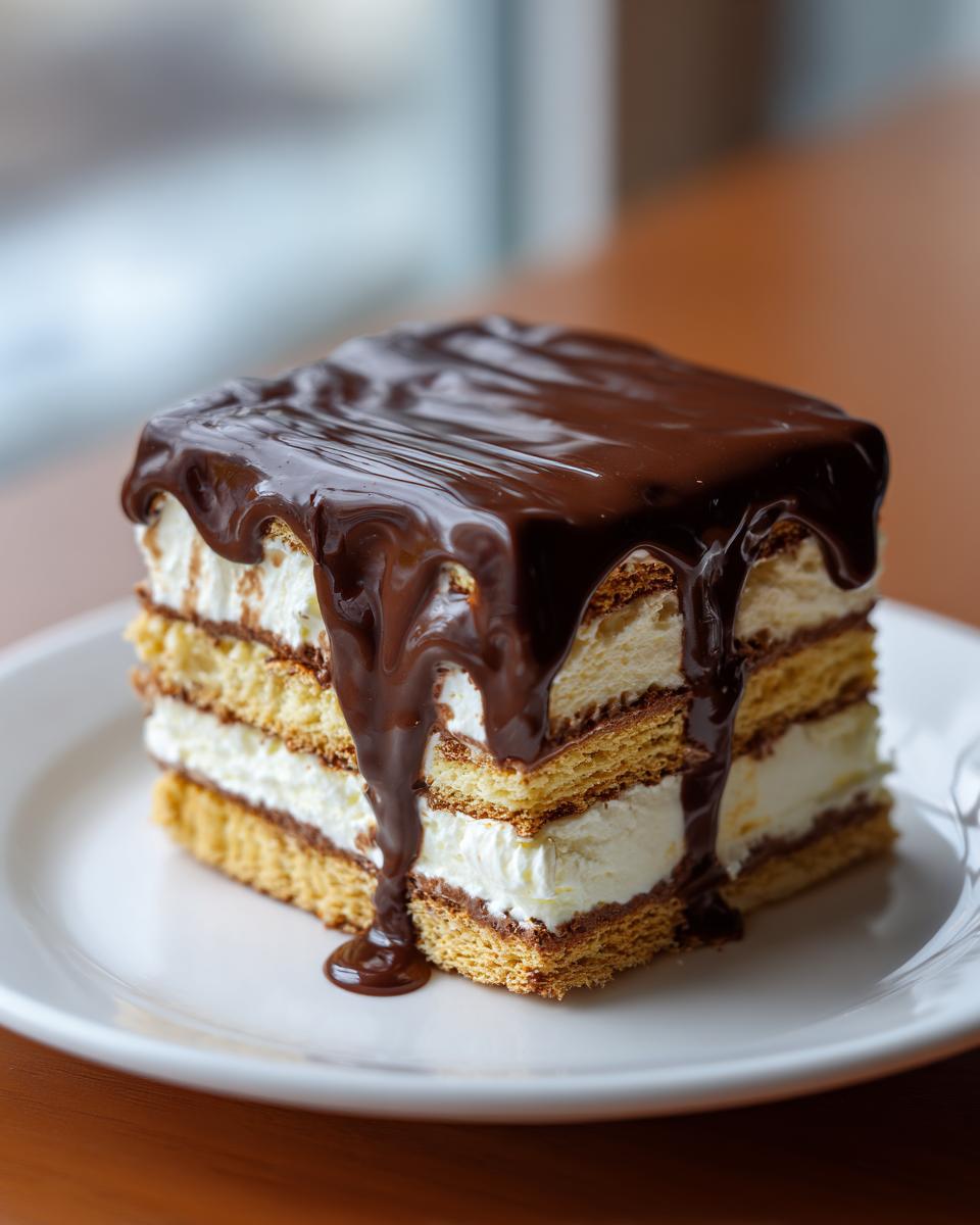 A square slice of no bake eclair cake showing three layers of graham crackers and cream filling, topped with rich chocolate ganache.