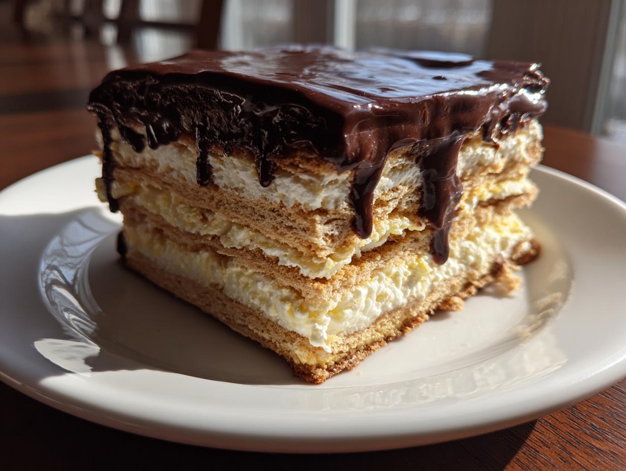 A thick slice of no bake eclair cake showing layers of graham crackers, cream filling, and dripping chocolate ganache.