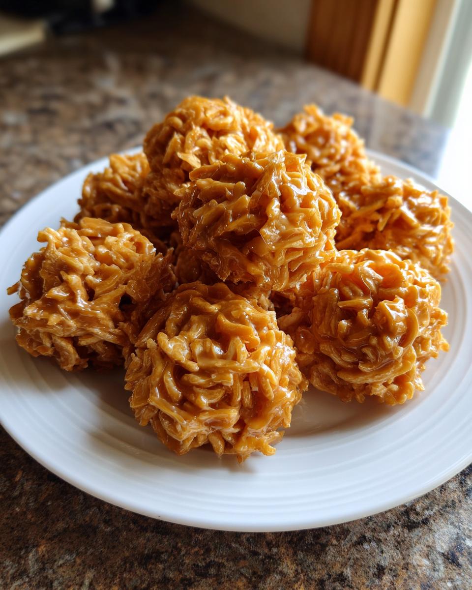 A white plate holds several golden brown, glossy haystack cookies made from chow mein noodles.