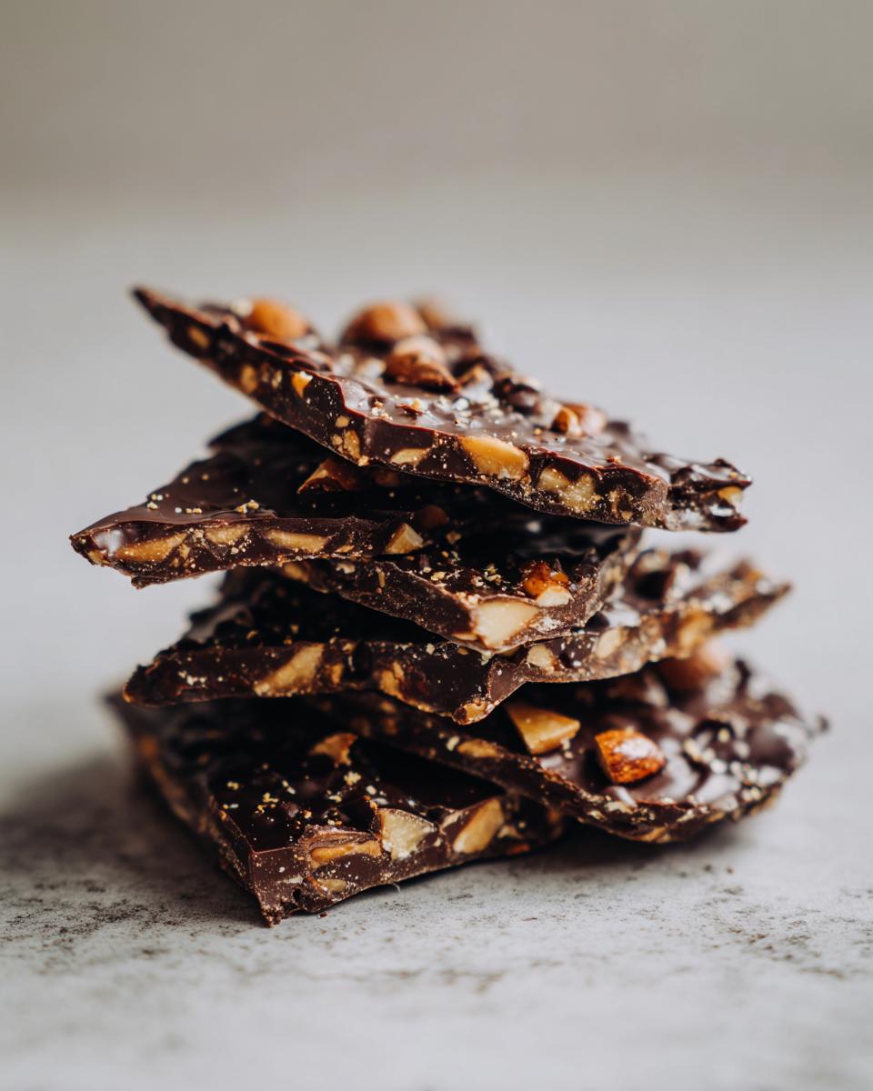 Stack of broken pieces of dark chocolate nut toffee, showing crunchy almonds and sea salt.