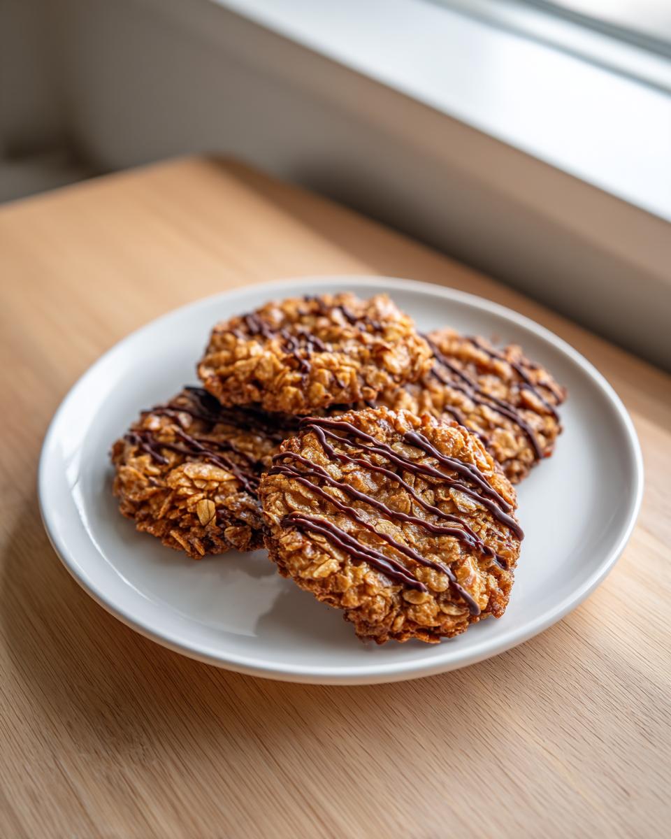 Four crispy oatmeal lace cookies drizzled with dark chocolate, resting on a white plate.