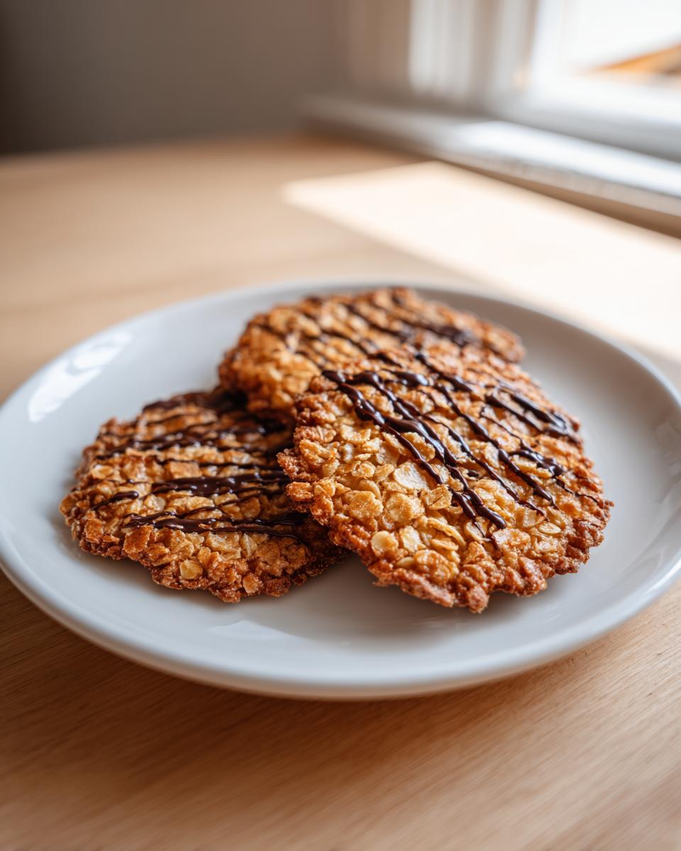 Three crispy oatmeal lace cookies drizzled with dark chocolate, resting on a white plate.