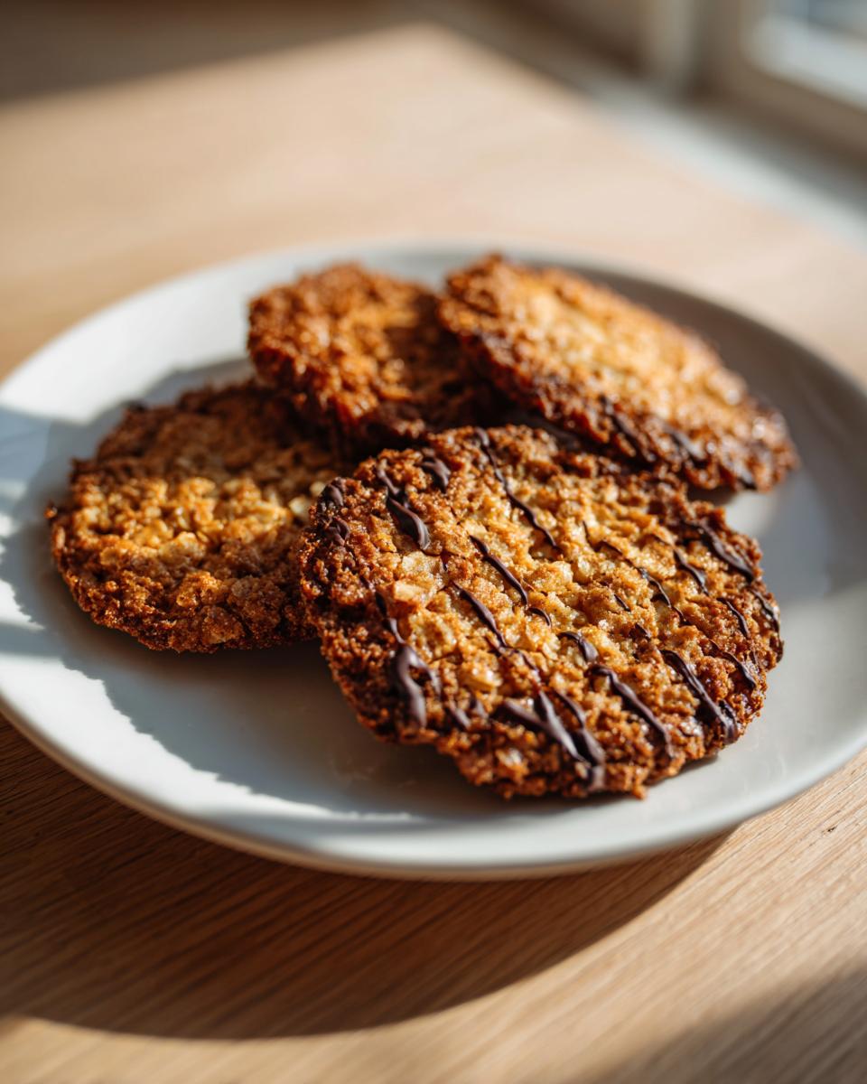 Four golden brown oatmeal lace cookies, one drizzled with dark chocolate, served on a white plate.