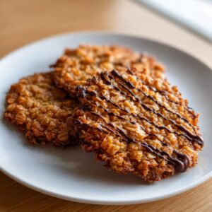 Three crispy oatmeal lace cookies on a white plate, one topped with a dark chocolate drizzle.