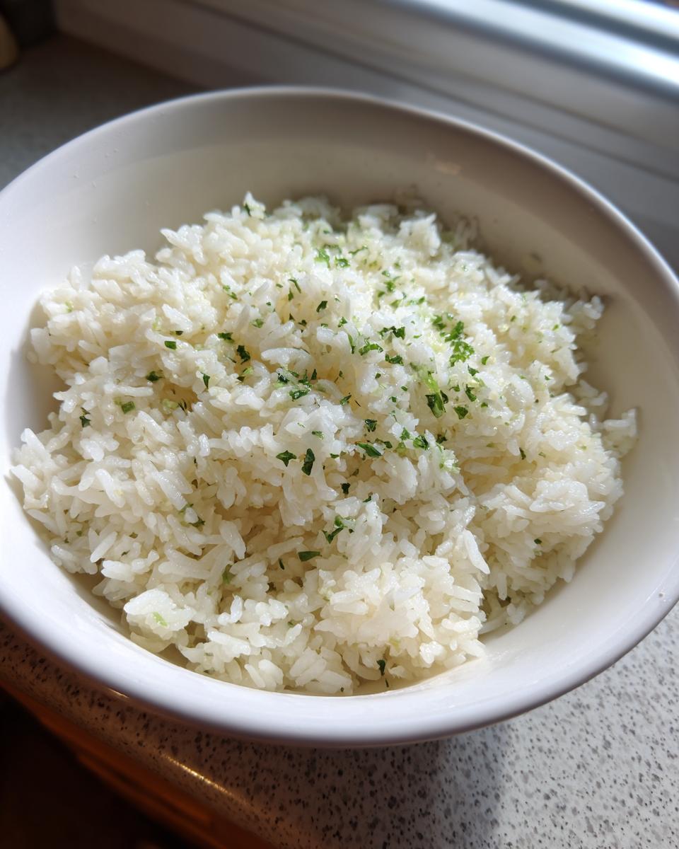 A white bowl filled with fluffy, white butter rice, topped with finely chopped green herbs.