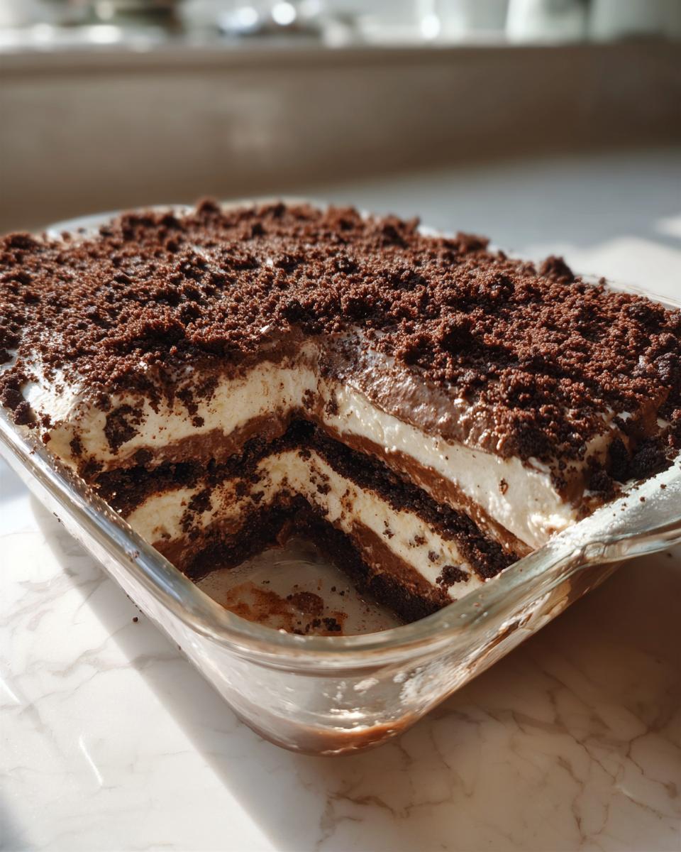 A portion removed from a layered Oreo dirt cake in a glass dish, showing creamy layers and cookie crumbs.