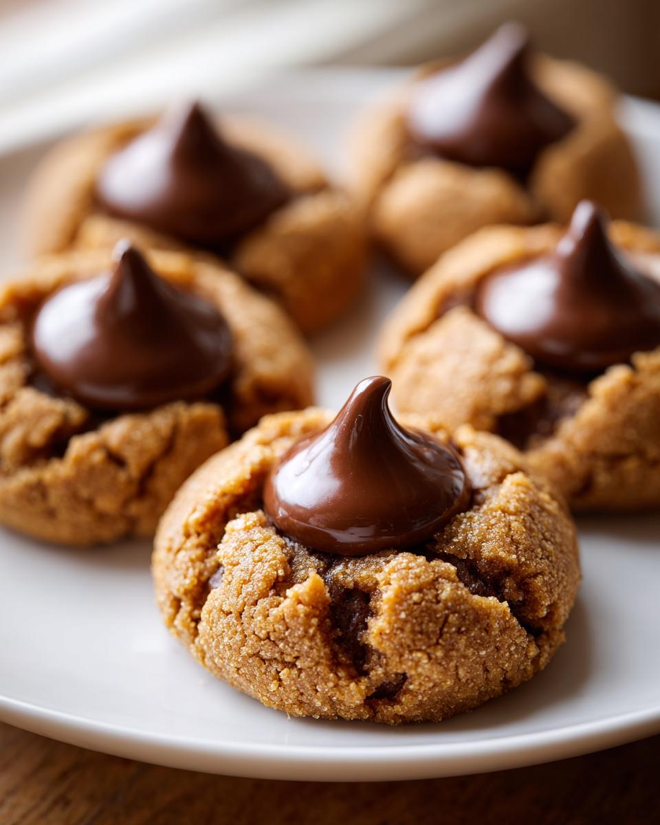Close-up of several classic peanut butter blossom cookies with a melted chocolate kiss on top, resting on a white plate.