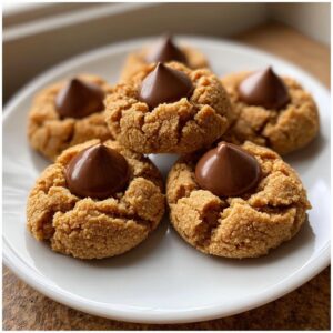 Five freshly baked peanut butter blossom cookies topped with a milk chocolate kiss, arranged on a white plate.