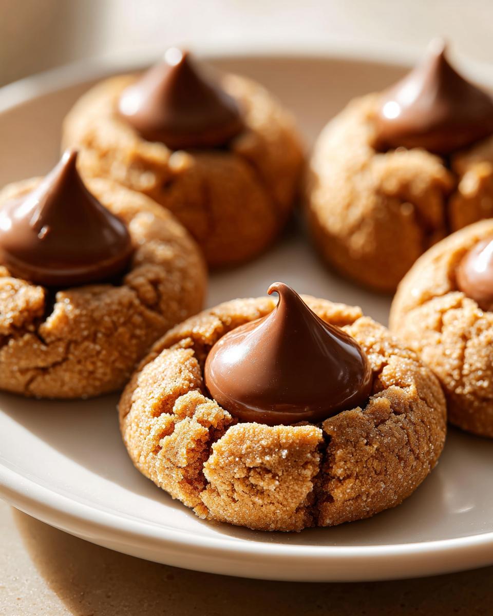 Close-up of several freshly baked peanut butter blossom cookies topped with a melted chocolate kiss.