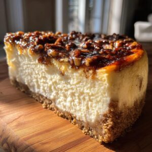 A thick slice of creamy pecan pie cheesecake showing the graham cracker crust and glossy pecan topping.