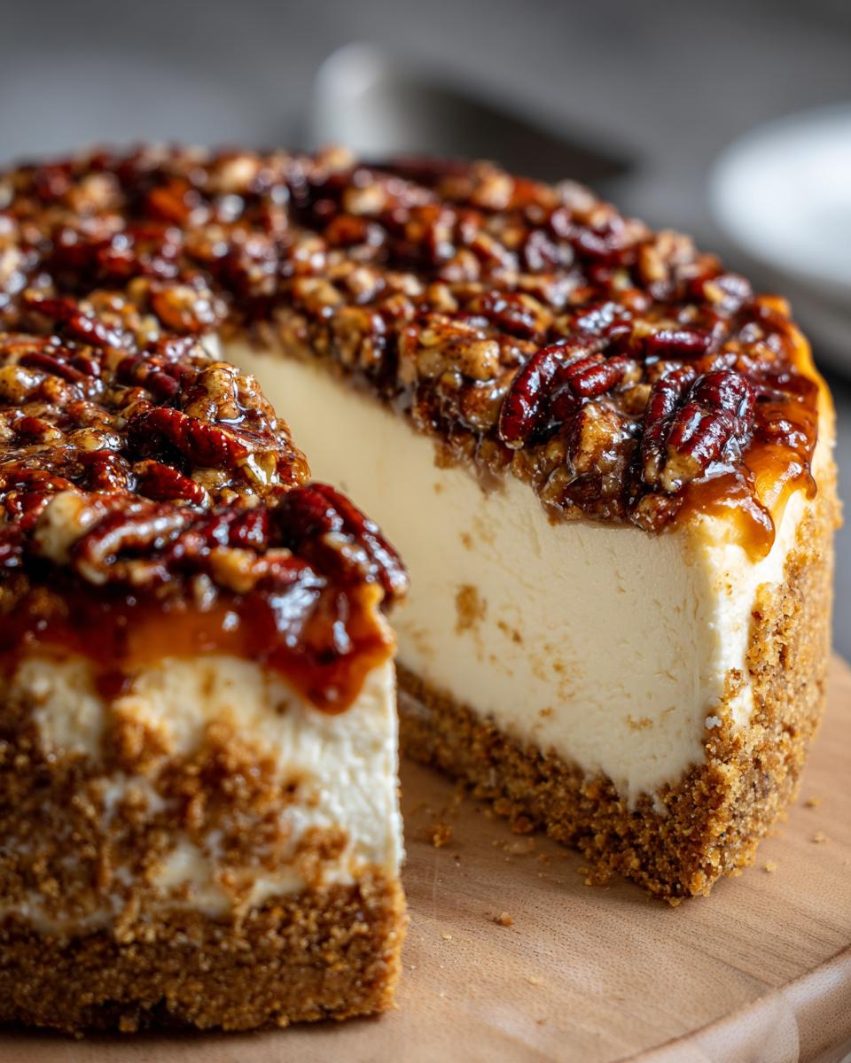 Close-up of a slice removed from a creamy pecan pie cheesecake with a thick graham cracker crust and glossy pecan topping.