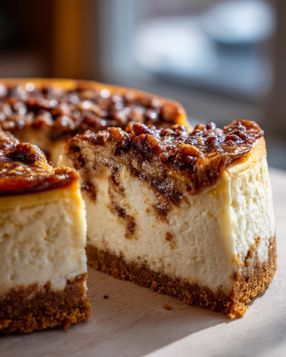 Close-up of a rich slice of pecan pie cheesecake showing the creamy filling, graham cracker crust, and pecan topping.