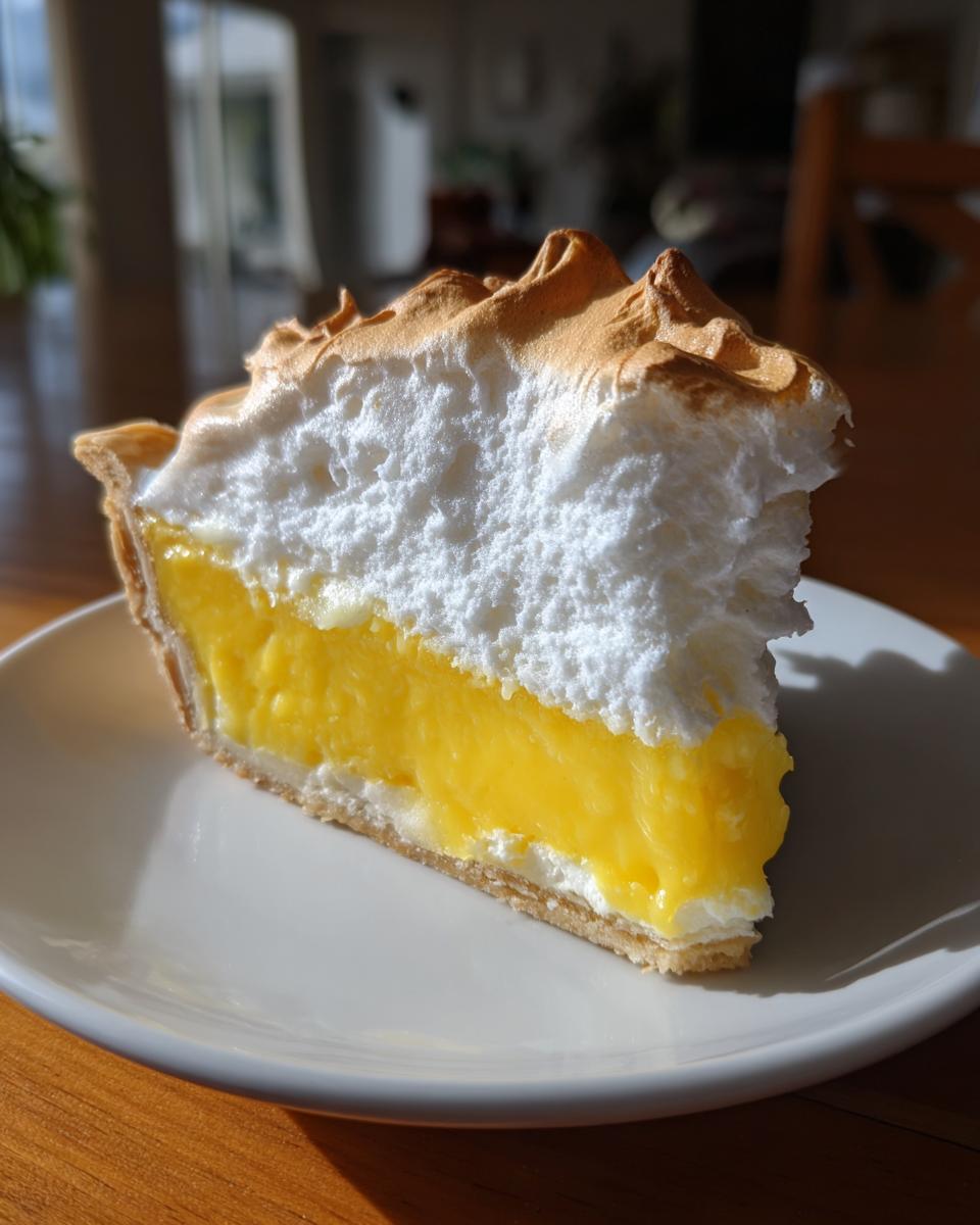 A tall, perfect slice of lemon meringue pie showing bright yellow filling and toasted meringue.