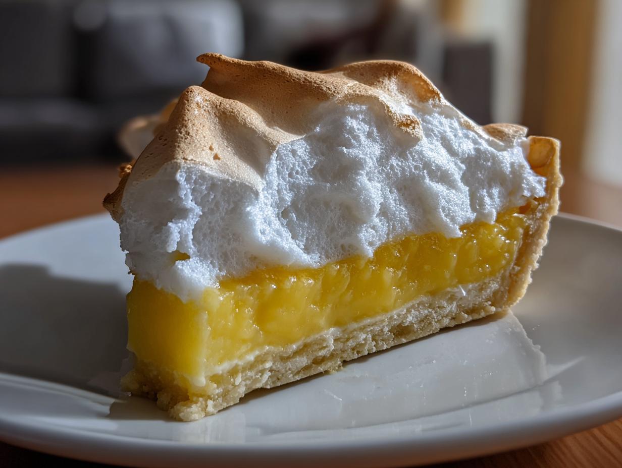 Close-up of a perfect slice of lemon meringue pie showing bright yellow curd and tall, toasted meringue.