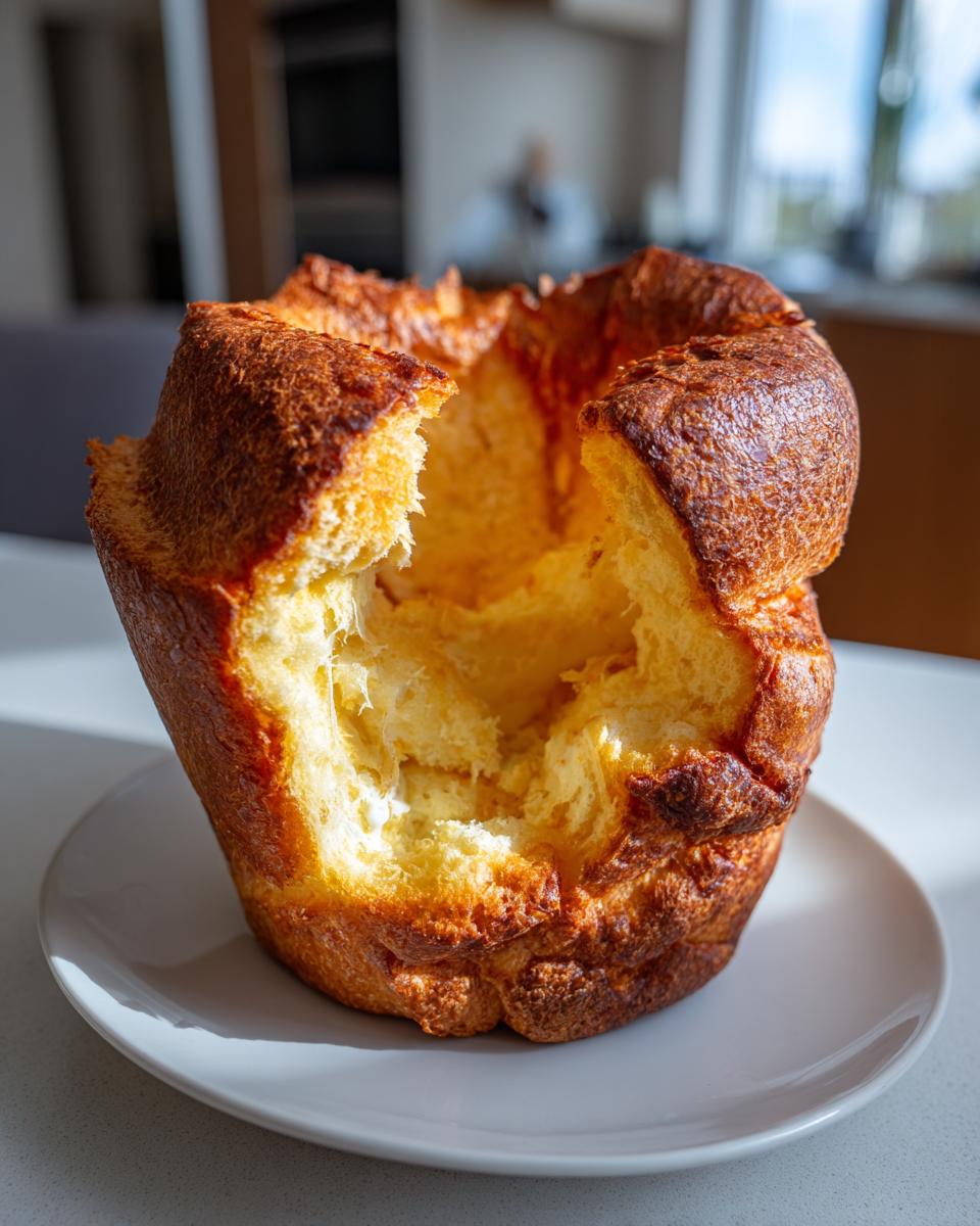 A single, tall, golden-brown yorkshire pudding with a dramatic rise and a hollow center, served on a white plate.