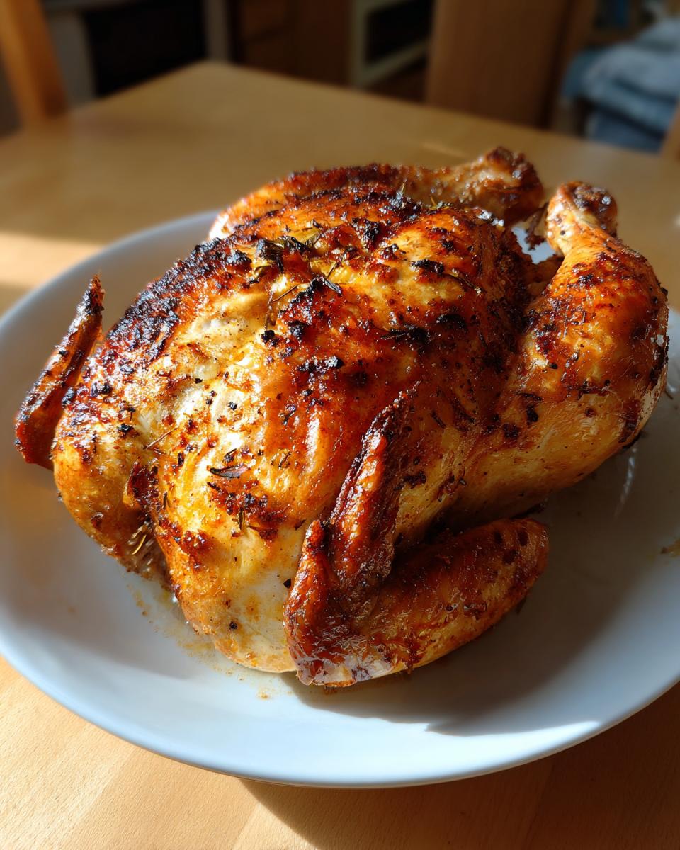 A beautifully roasted whole chicken with golden-brown, crispy skin seasoned with herbs, resting on a white plate.