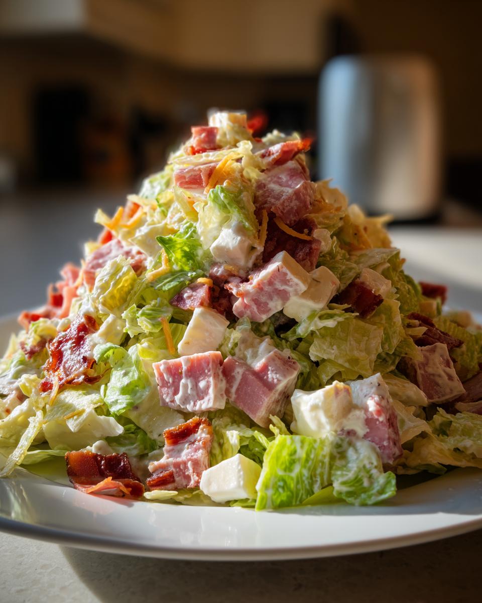 A tall mound of colorful grinder salad featuring chopped lettuce, cubes of meat and cheese, and bacon bits, tossed in dressing.
