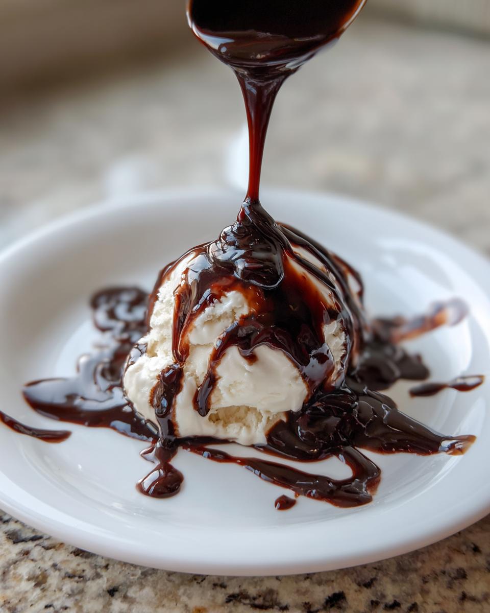 A spoonful of rich, dark chocolate sauce recipe being poured over a scoop of vanilla ice cream.