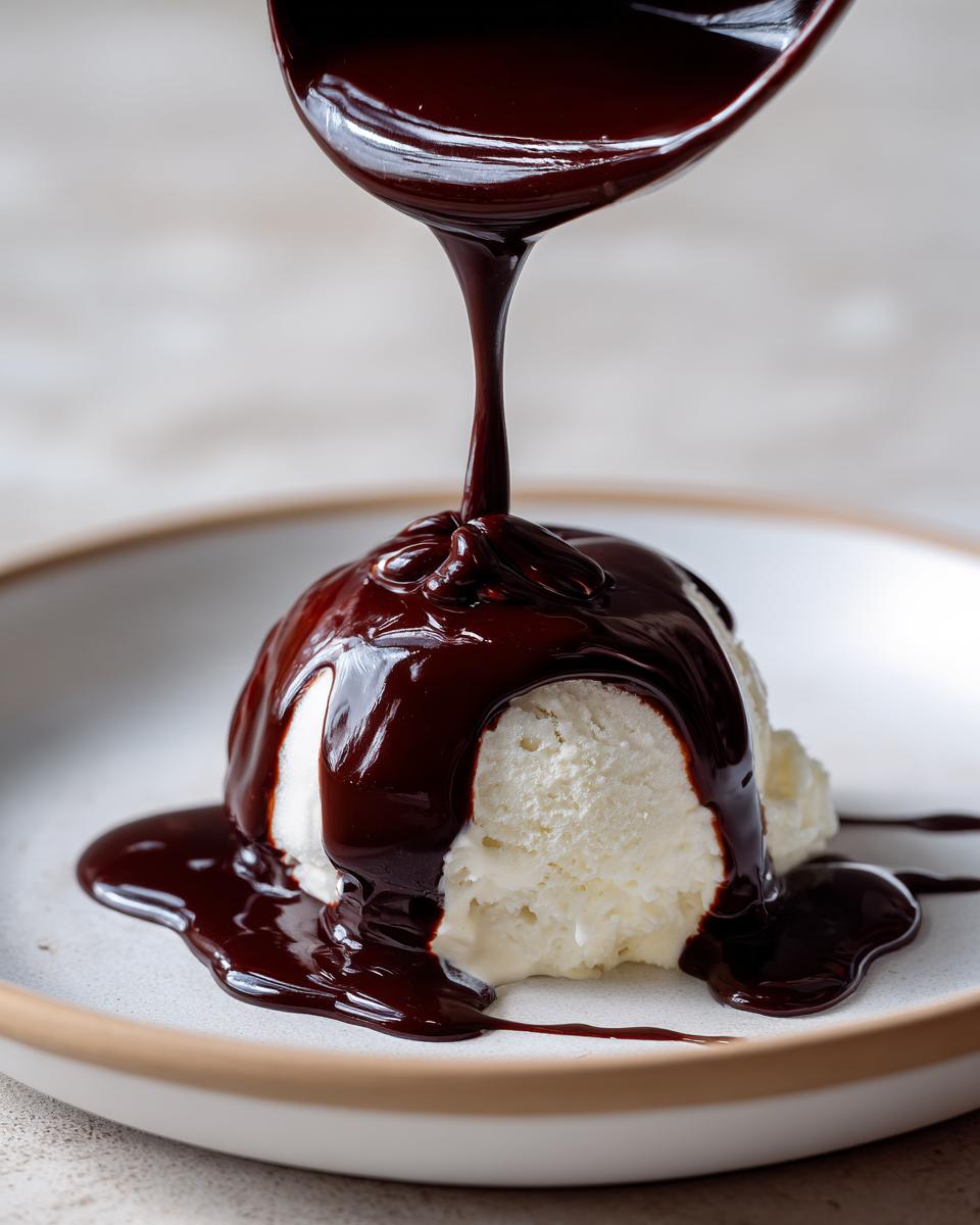 Close-up of thick, glossy chocolate sauce recipe being poured over a scoop of vanilla ice cream.