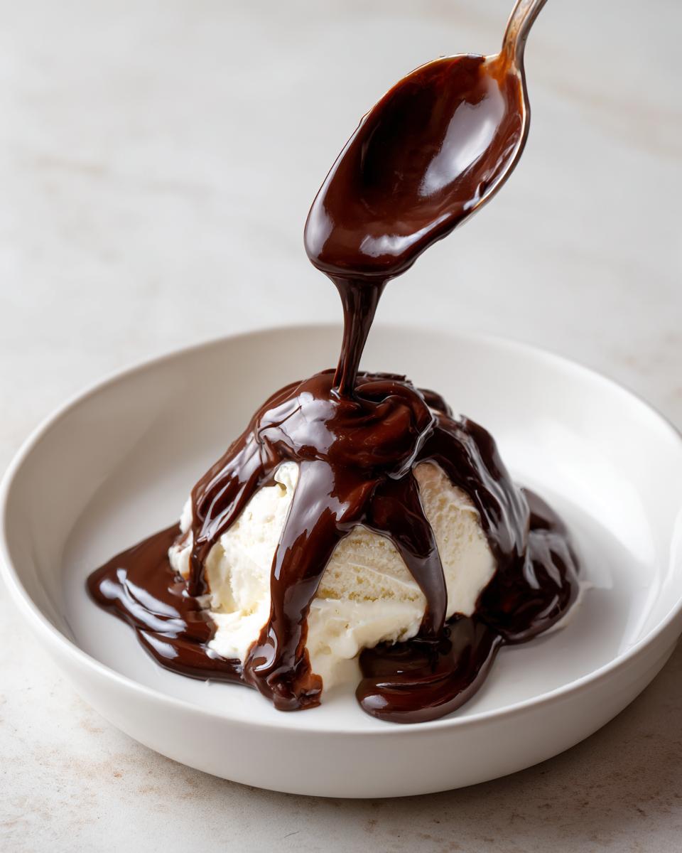 A spoonful of rich, glossy chocolate sauce recipe being poured over a scoop of vanilla ice cream in a white bowl.
