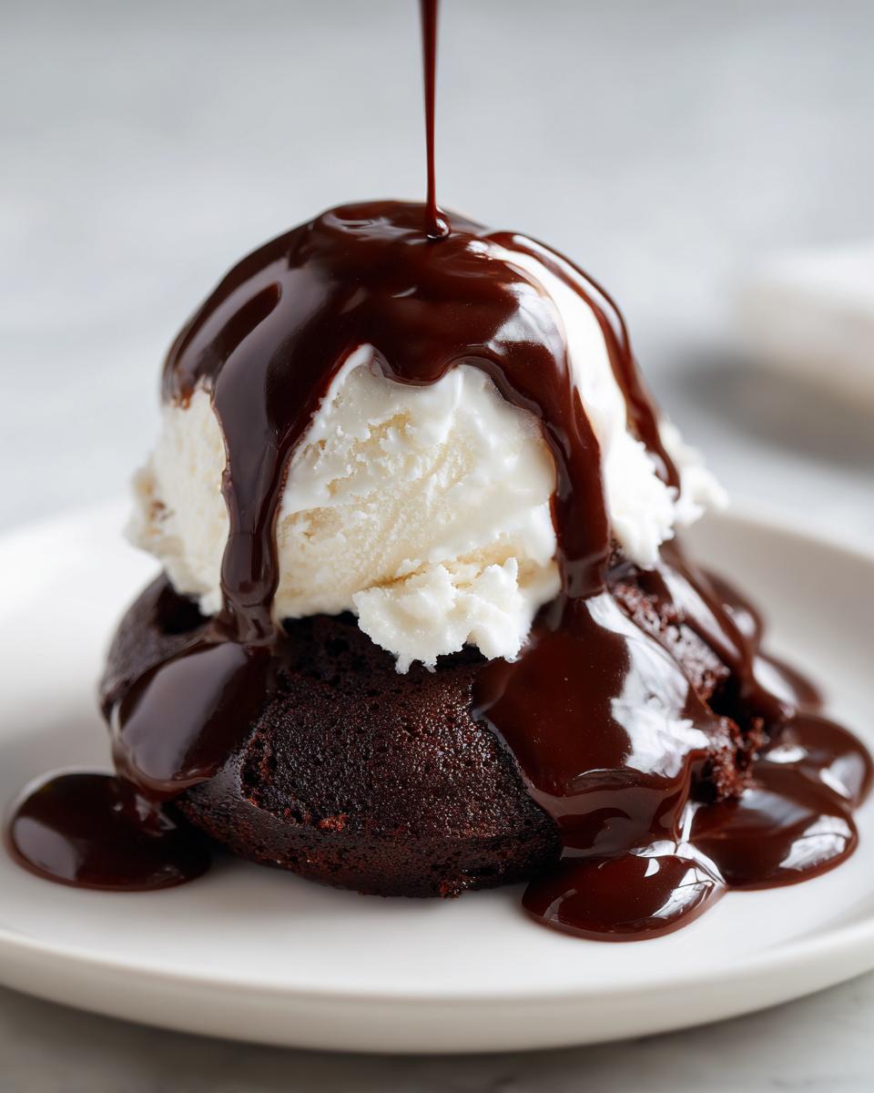 A scoop of vanilla ice cream on a warm brownie is drenched with a rich, glossy chocolate sauce recipe being poured from above.