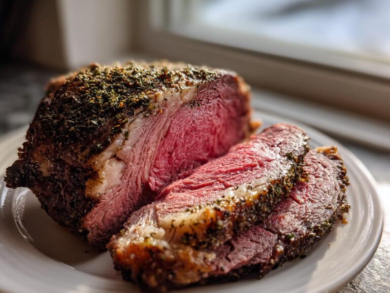 Close-up of a medium-rare prime rib roast, heavily crusted with herbs, sliced on a white plate.