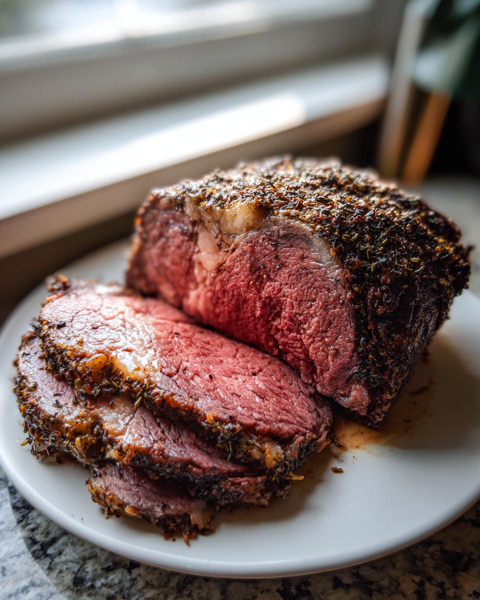 Close-up of a beautifully roasted prime rib, sliced to show a medium-rare center and herb crust.