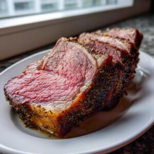 Four thick slices of medium-rare prime rib, showing a seasoned crust and juicy pink center, resting in au jus.