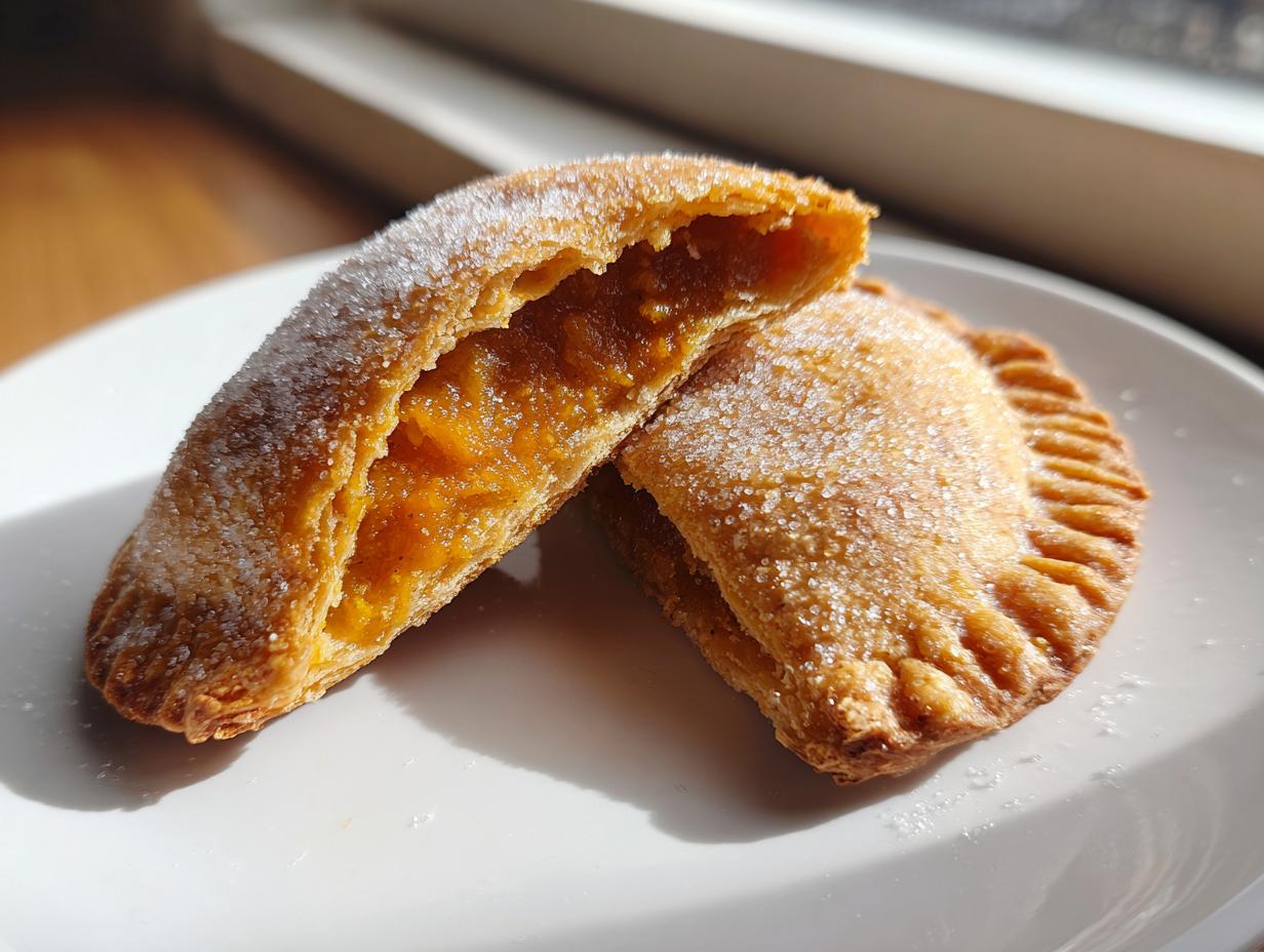 Two golden-brown pumpkin empanadas dusted with sugar, one cut open to show the rich orange pumpkin filling.