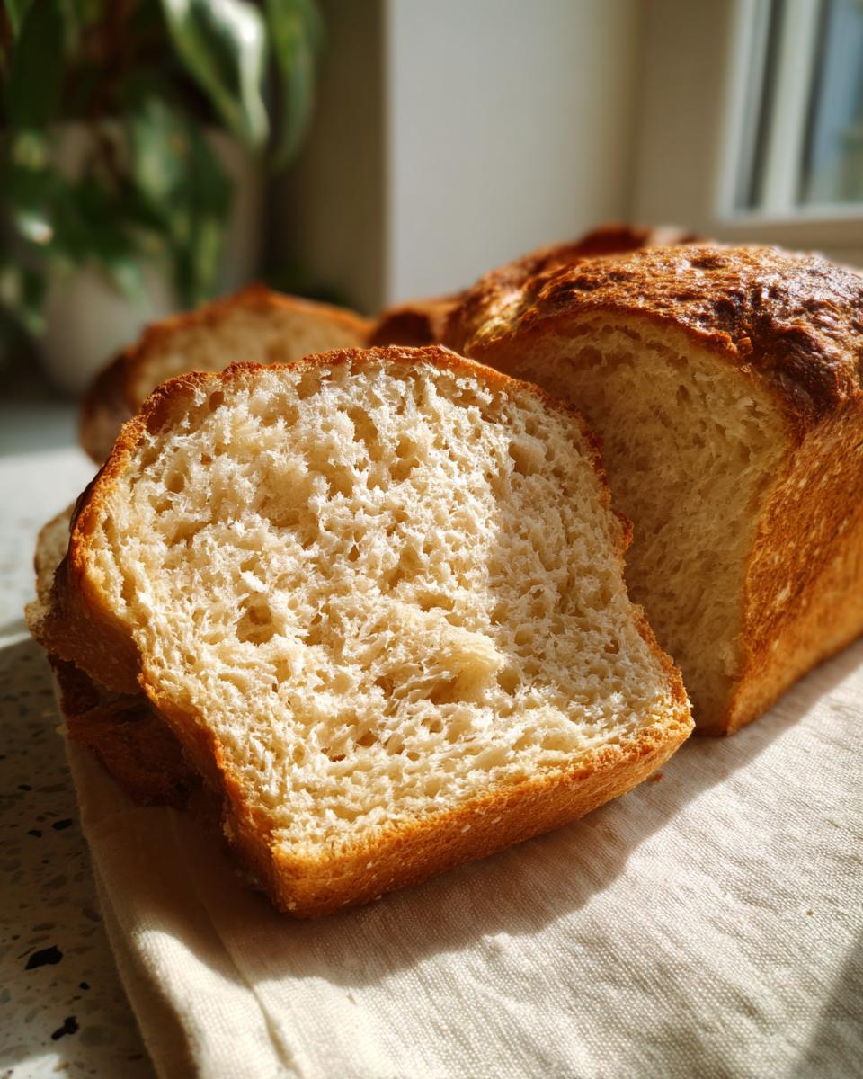 Close-up of sliced beer bread showing a soft, airy interior and a golden brown crust, resting on a linen cloth.