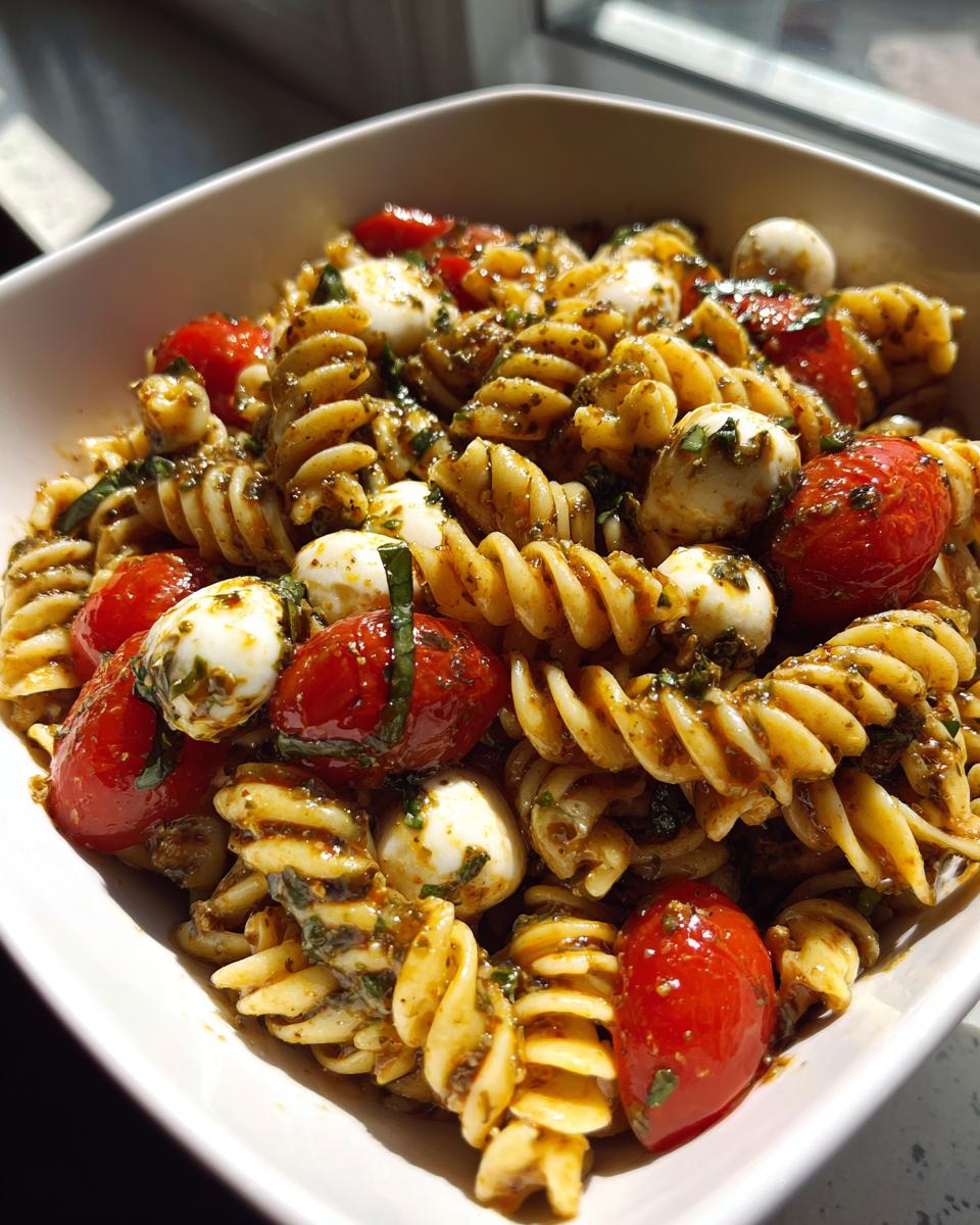 A bowl of vibrant caprese pasta salad featuring rotini pasta, cherry tomatoes, mozzarella balls, and pesto dressing.