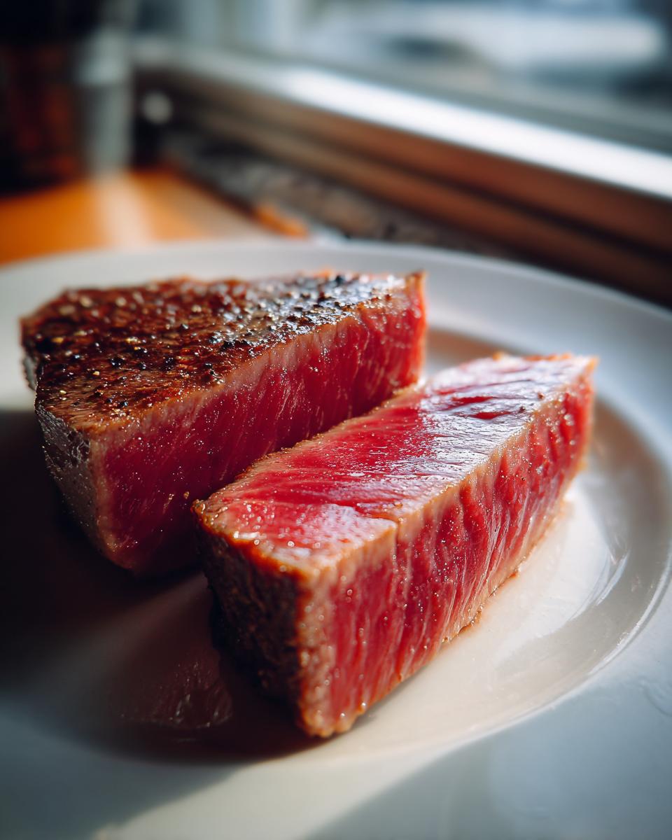 Two thick slices of rare, perfectly seared tuna steak showing a deep red center on a white plate.