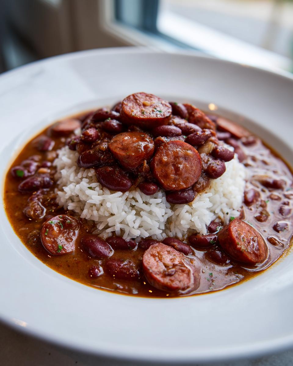 A close-up of delicious red beans and rice topped with thick slices of smoked sausage.