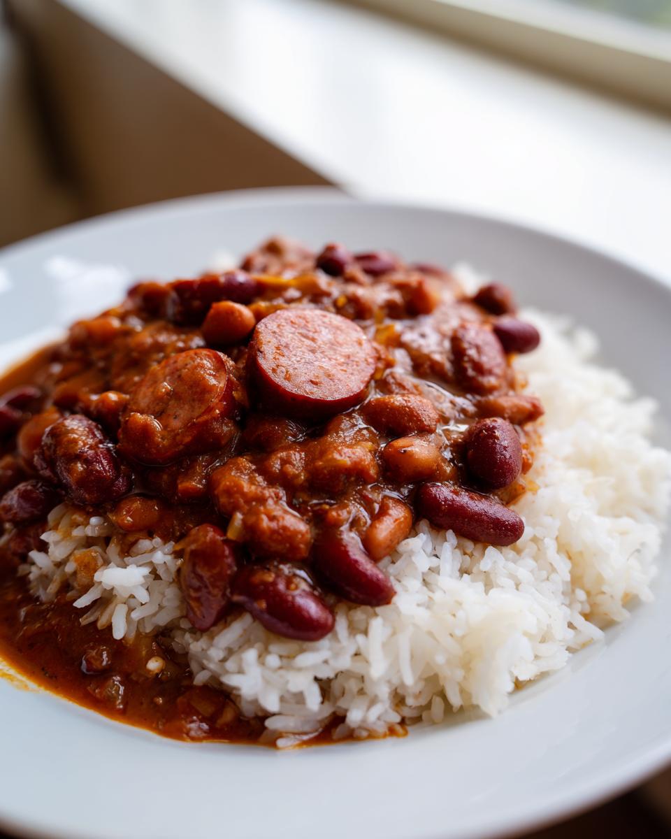 Close-up of a white plate featuring a generous serving of red beans and rice topped with sliced smoked sausage.