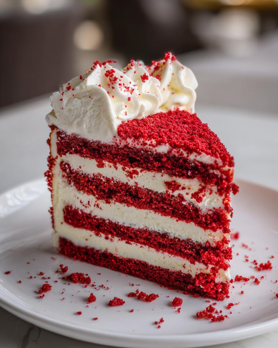 A tall, decadent slice of red velvet cheesecake with alternating red cake and cream cheese layers, topped with whipped cream.