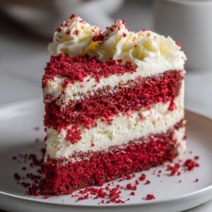 A decadent slice of red velvet cheesecake showing layers of rich red cake and white cream cheese filling, topped with whipped cream.