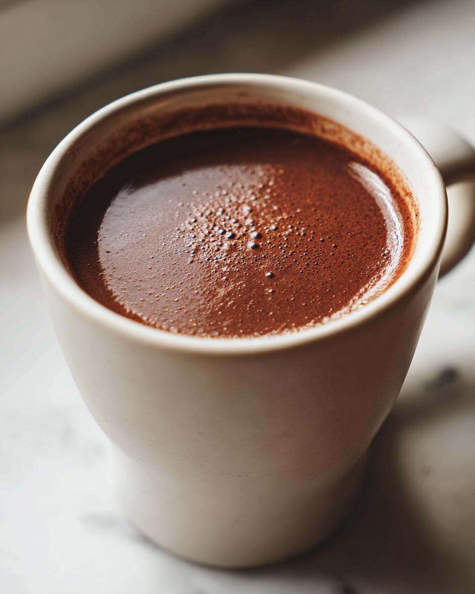 Close-up of rich, dark brown hot chocolate with small bubbles on the surface, served in a light-colored mug.